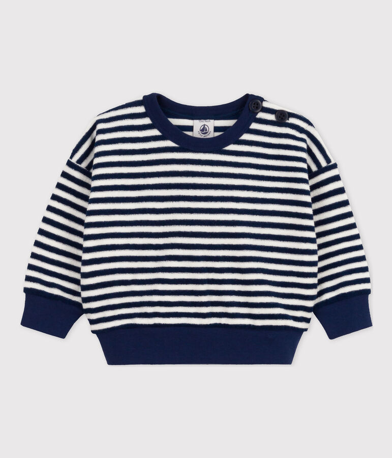 Sweatshirt b&eacute;b&eacute; en bouclette &eacute;ponge ray&eacute;e bleu/blanc