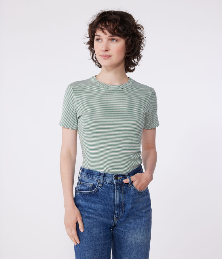 Tee-shirt Femme l'Iconique en coton ray&eacute; vert/blanc