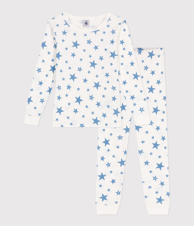 Zeer getailleerde kinderpyjama van bedrukt katoen wit/blauw