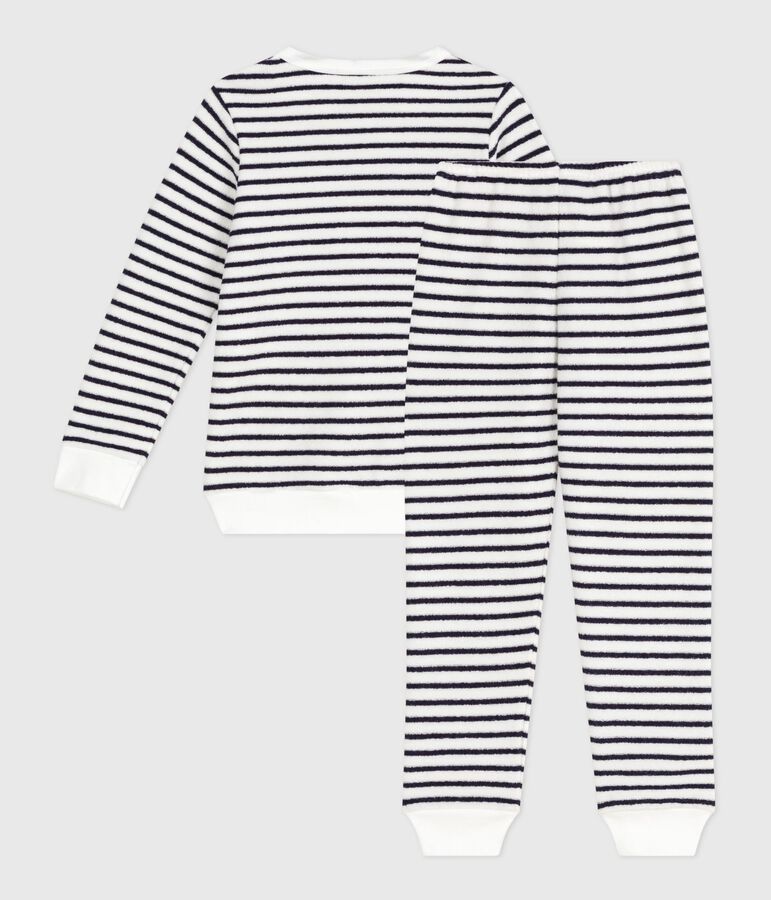 Pyjama enfant en coton &eacute;ponge &agrave; rayures &eacute;cru/bleu