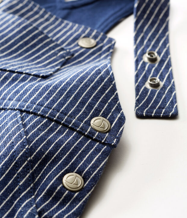 Lange salopette van gestreepte mesh babyjongen blauw/wit