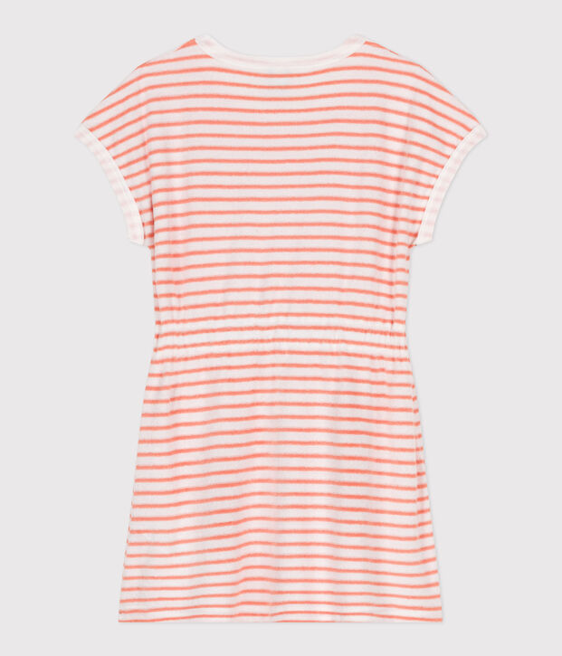 Gestreepte kinderjurk van katoenen badstof met korte mouwen oranje/oranje