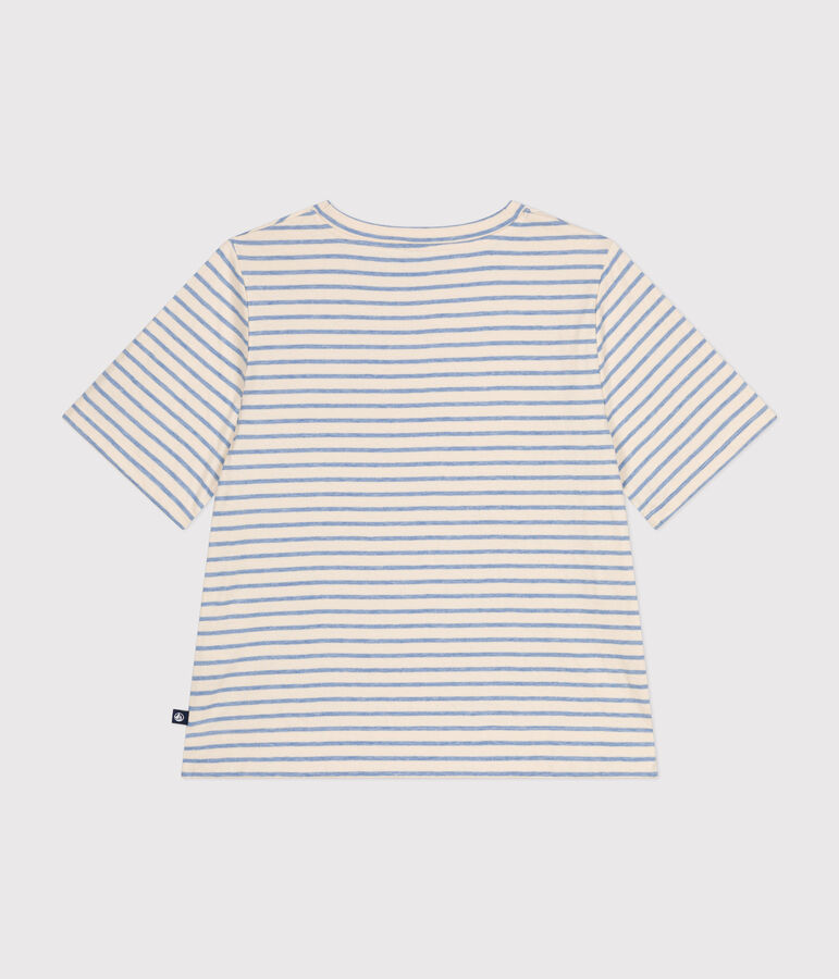 Tee-shirt le Boxy en tubique femme &eacute;cru/bleu