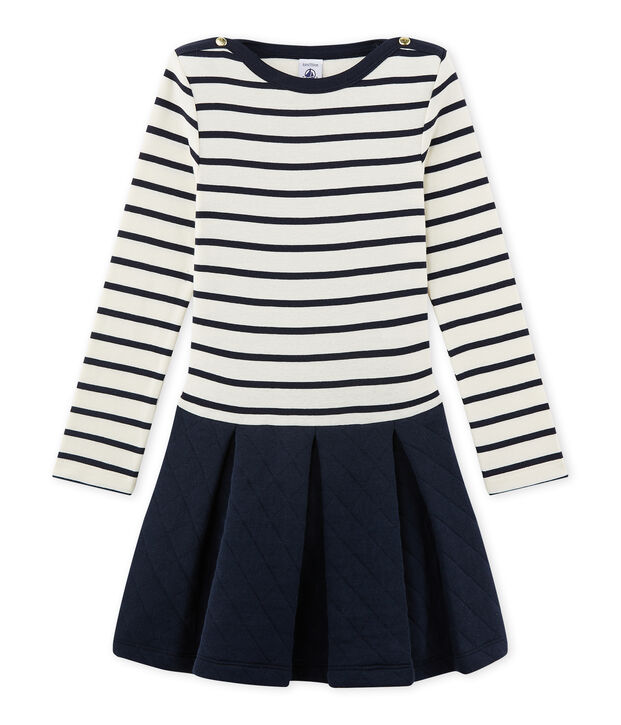 Robe fille bi-mati&egrave;re blanc/bleu