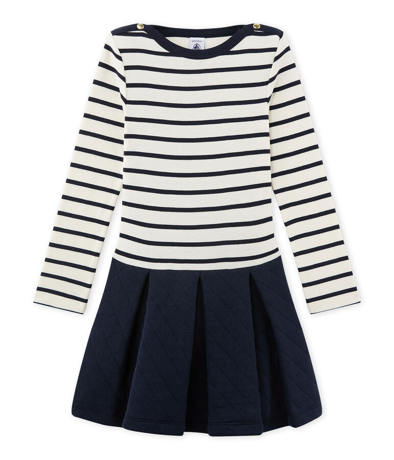Robe fille bi-mati&egrave;re blanc/bleu