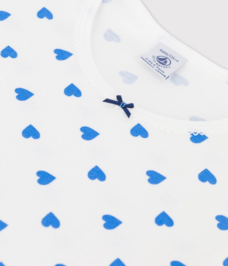 Chemise de nuit manches longues c&oelig;urs bleus petite fille en coton blanc/bleu