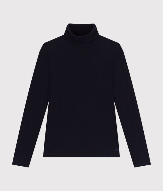 L'ICONIQUE, dames-T-shirt met rolkraag in ribstof blauw SMOKING