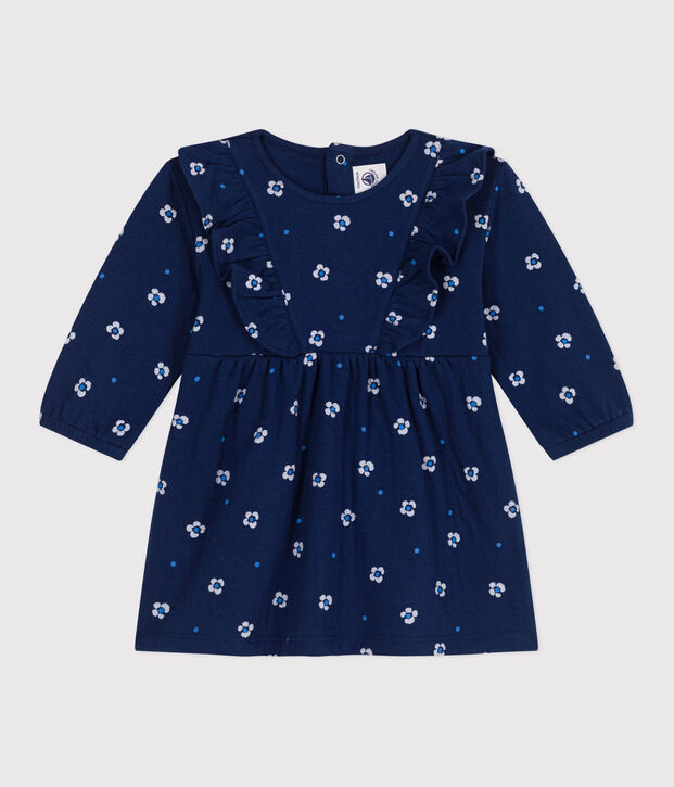 Robe b&eacute;b&eacute; en coton manches longues , imprim&eacute;e &agrave; fleurs bleu/multicouleur