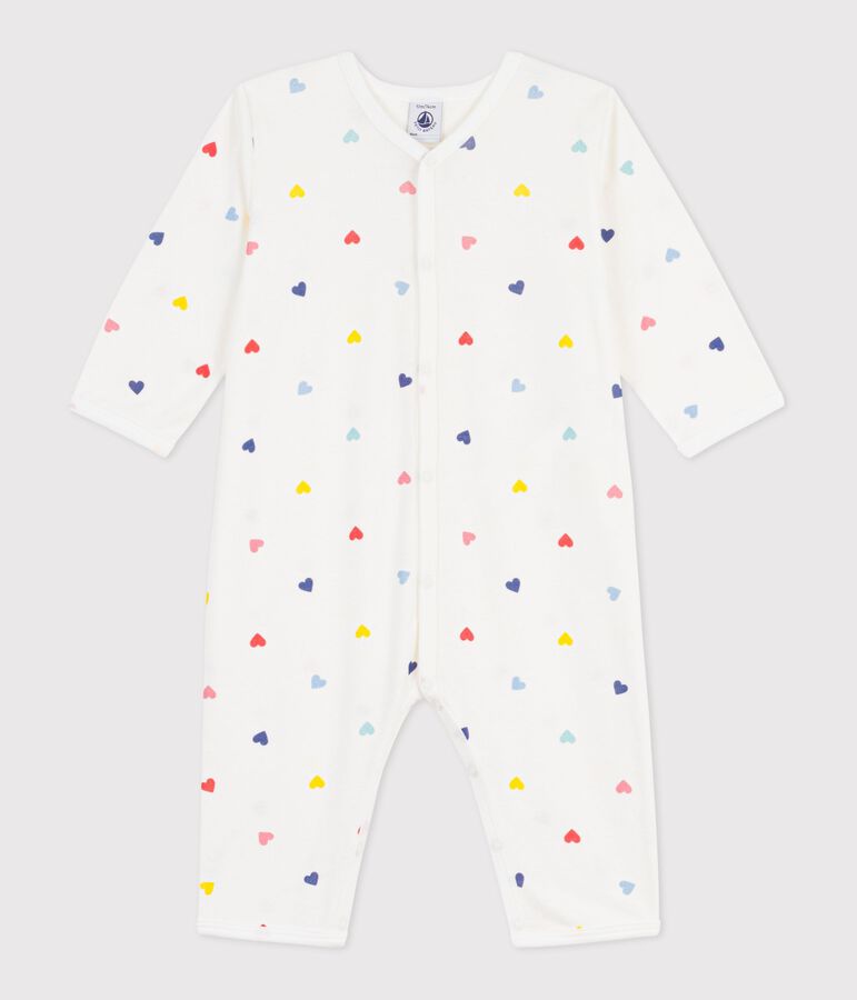 Katoenen babypyjama zonder voetjes met hartjesprint wit/multicouleur