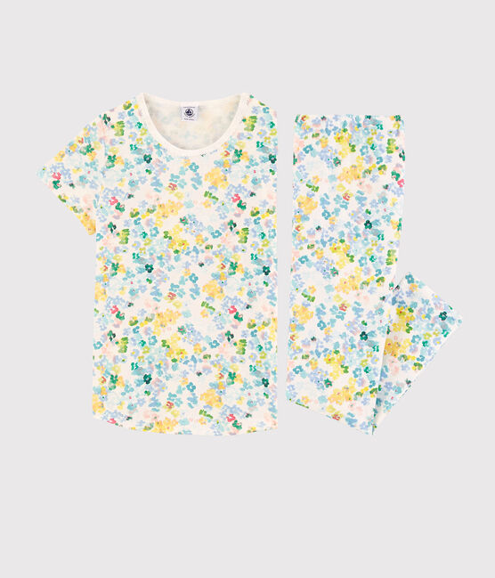 Pyjama fleurs aquarellées petite fille en coton blanc MARSHMALLOW/blanc MULTICO