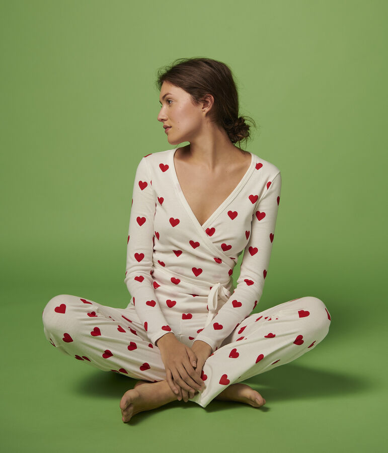 Cardigan cache-c&oelig;ur en coton &agrave; coeurs Femme blanc/rouge