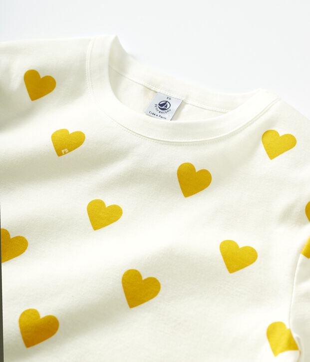 Katoenen Dames t-shirt met ronde hals en hartjes wit/geel