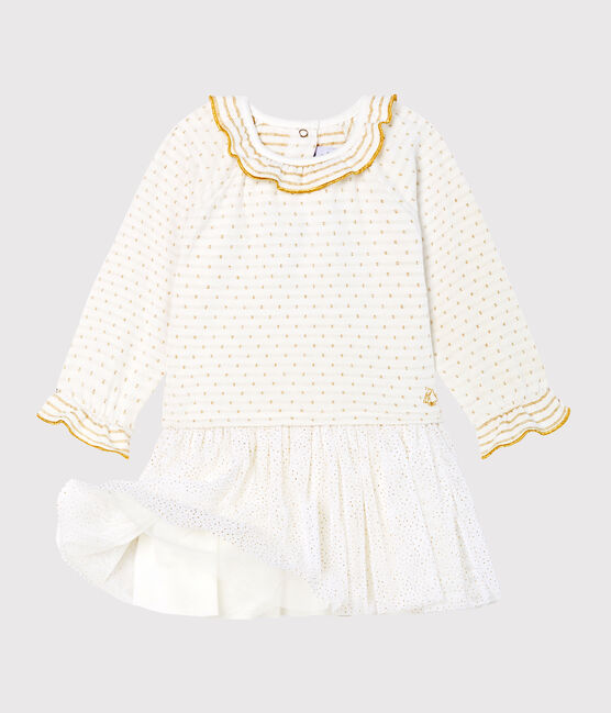 Jurk met lange mouwen twee soorten materiaal babymeisje wit MARSHMALLOW/geel OR