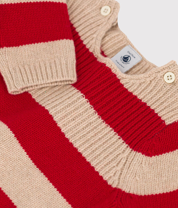 Gebreide en gestreepte trui in wol en katoen voor baby's beige/rood