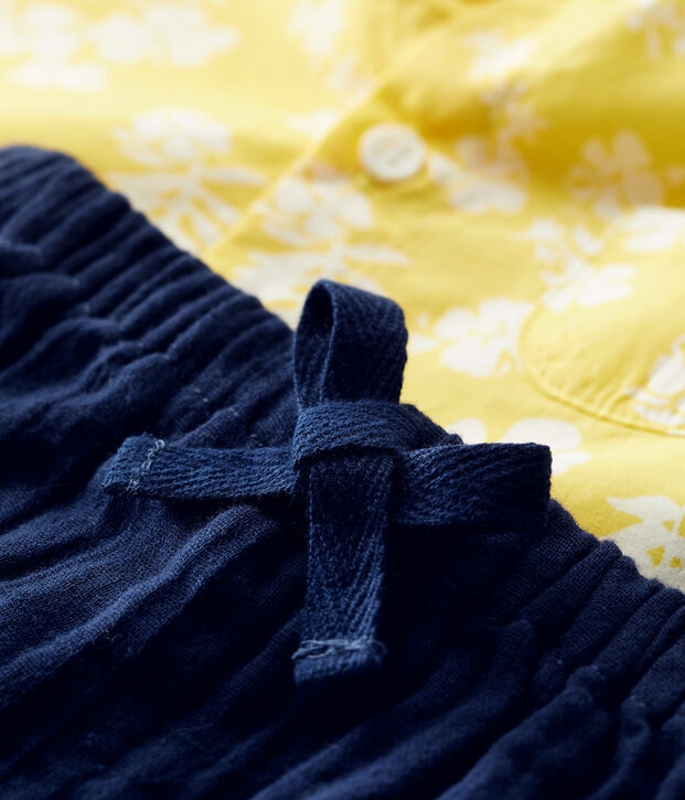 Ensemble deux pi&egrave;ces imprim&eacute; Hawa&iuml; en popeline bio b&eacute;b&eacute; jaune/blanc