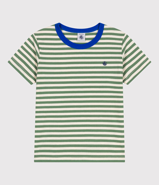 Tee-shirt enfant en coton manches courtes &agrave; rayures vert/&eacute;cru