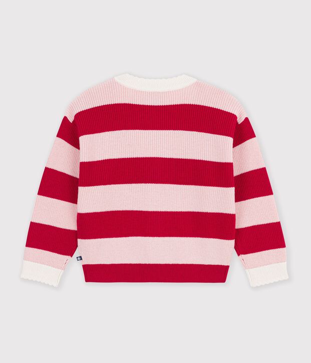 Cardigan enfant en laine et coton &agrave; rayures rose/rose