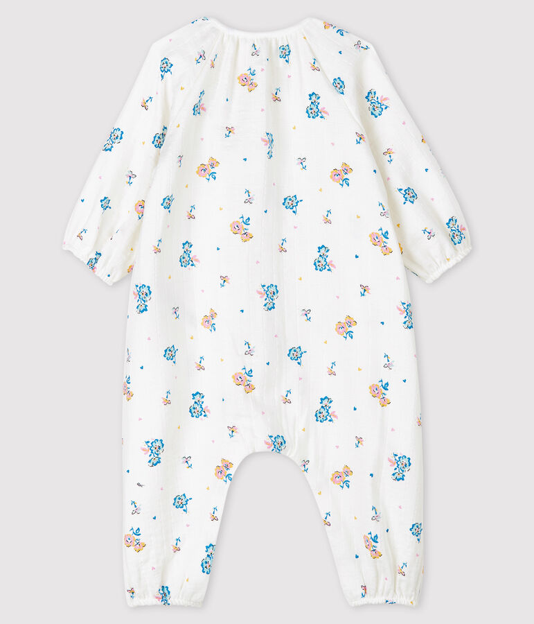 Lang kruippakje met bloemenprint voor babymeisjes van hydrofiel katoen wit MARSHMALLOW/wit MULTICO
