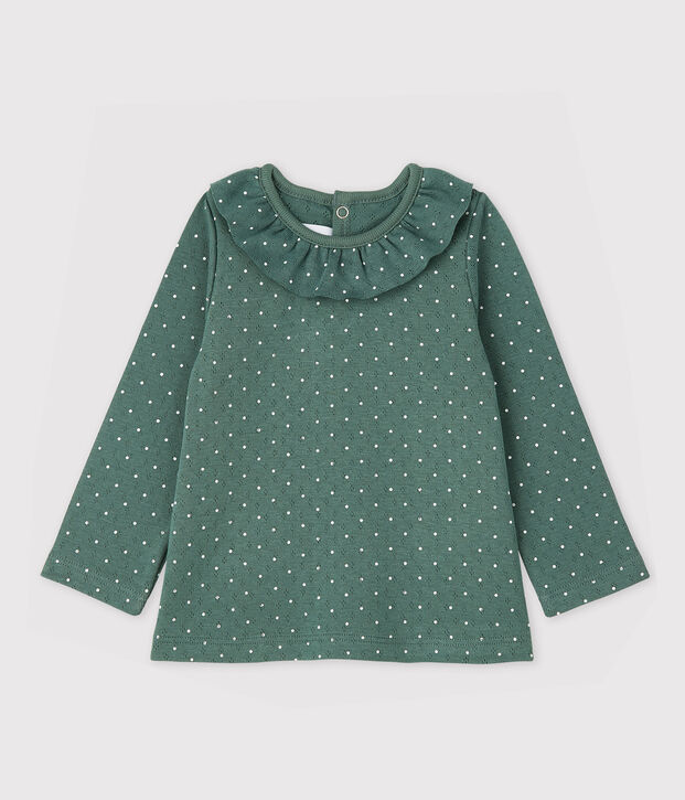 Blouse col collerette en coton b&eacute;b&eacute; fille vert/blanc