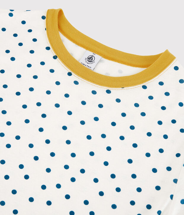 T-shirt col rond &agrave; pois en coton  Femme blanc/bleu