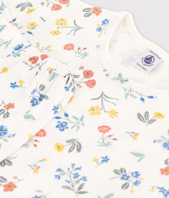 Meisjespyjama met korte mouwen en bloemenprint in katoen wit MARSHMALLOW/wit MULTICO