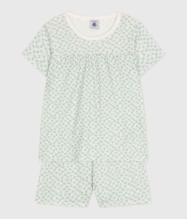 Katoenen pyjamashort met bloemenprint voor kinderen wit/groen