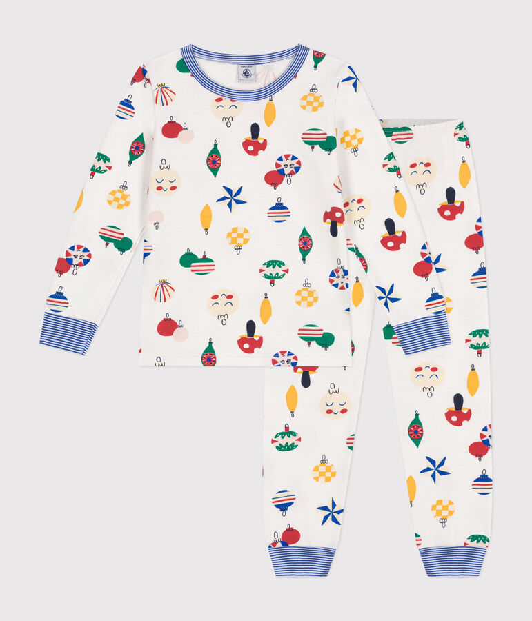 Kinderpyjama van geruwde fleece met kerstballenprint wit MARSHMALLOW/wit MULTICO