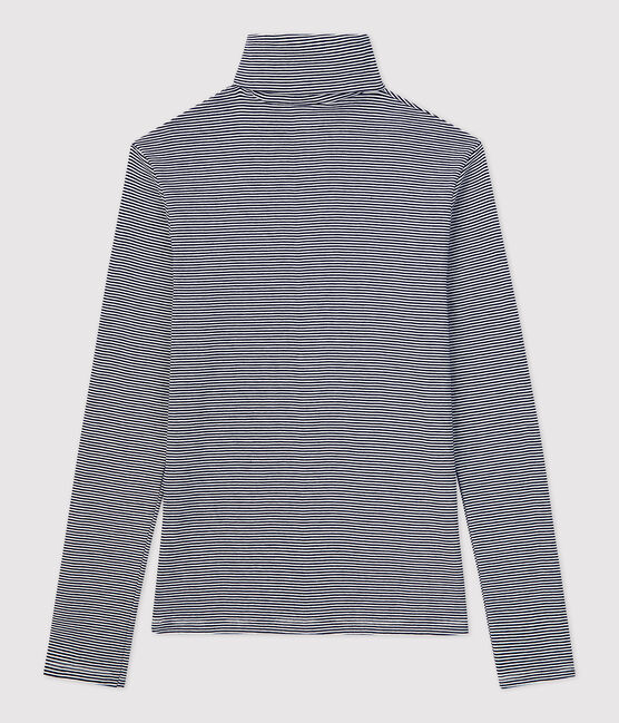 Tee-shirt col roulé L'ICONIQUE en coton BIO Femme bleu SMOKING/blanc MARSHMALLOW
