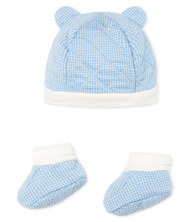 Lot bonnet et chaussons b&eacute;b&eacute; gar&ccedil;on en tubique matelass&eacute;. multicouleur