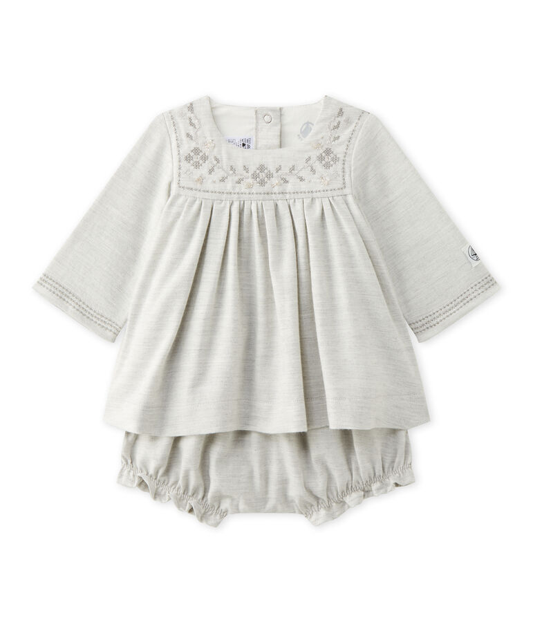 Robe b&eacute;b&eacute; fille en twill brod&eacute; et bloomer gris GRIS CHINE