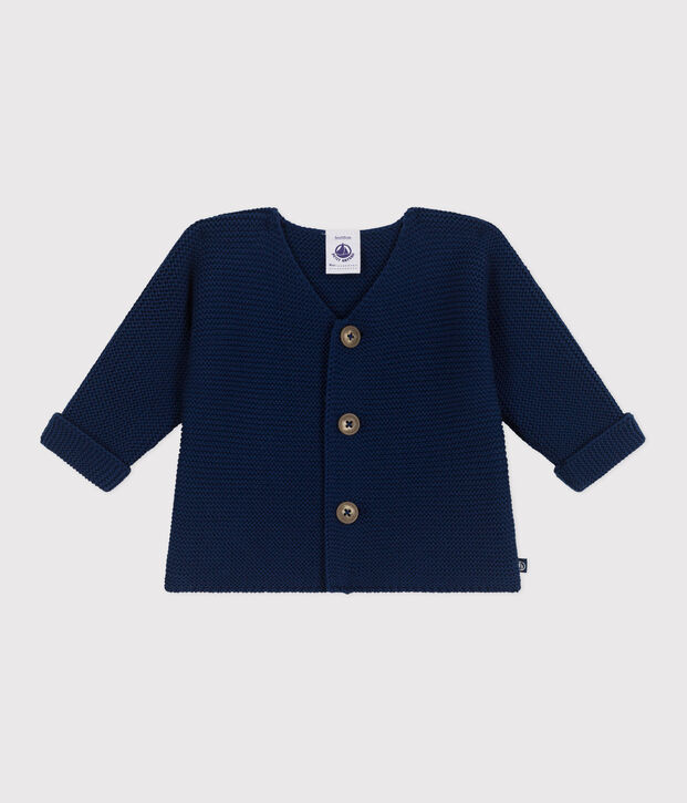 Cardigan b&eacute;b&eacute; tricot point mousse en coton bleu fonc&eacute;