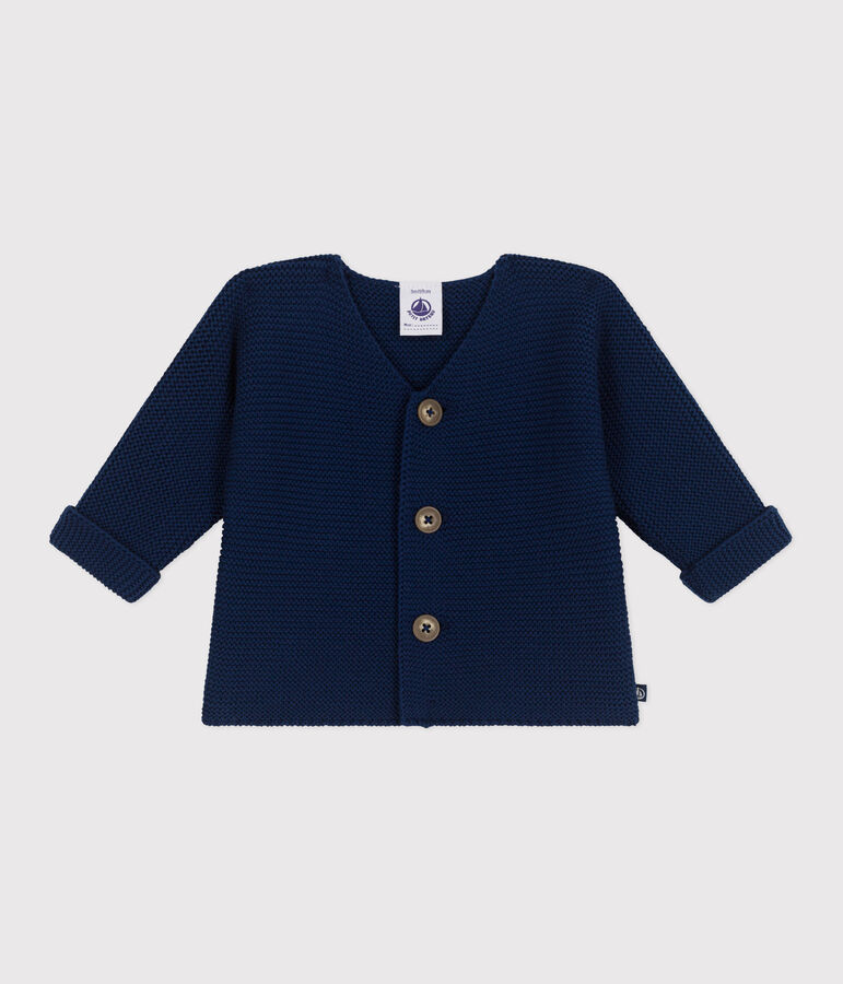 Cardigan b&eacute;b&eacute; tricot point mousse en coton bleu