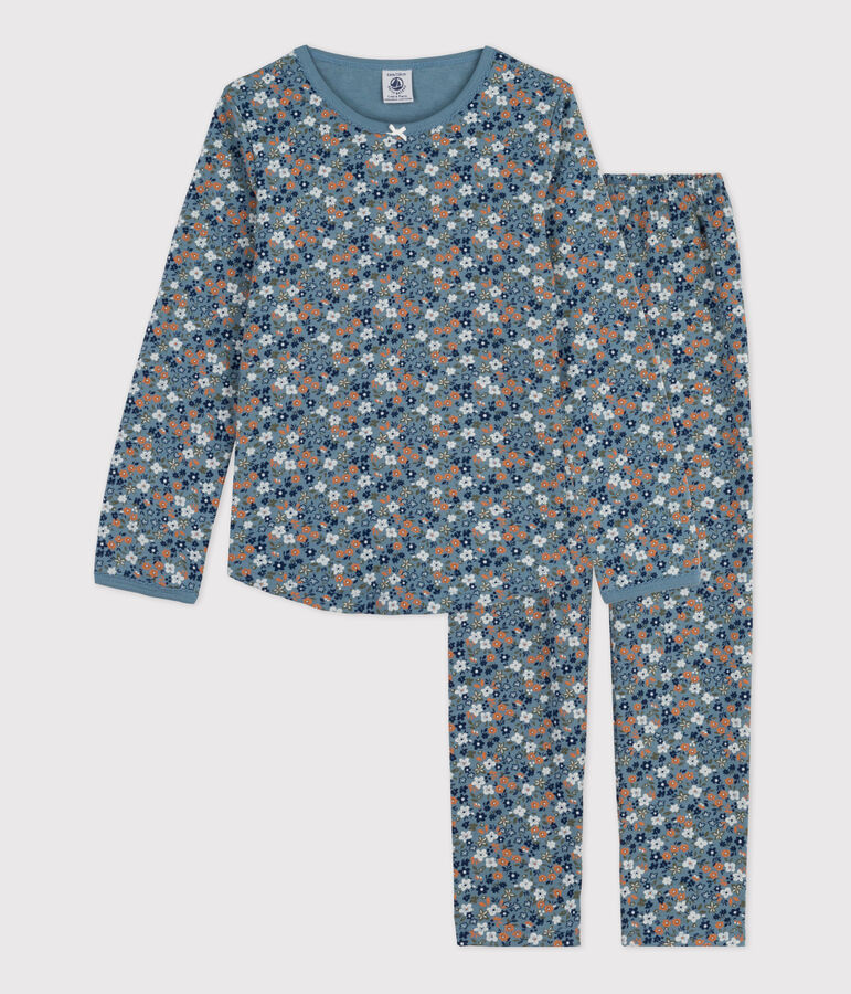 Pyjama fleur petite fille en coton bleu/multicouleur
