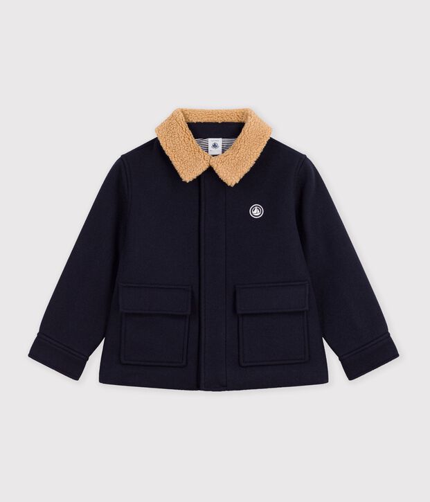 Veste esprit caban enfant en draps de laine uni bleu marine