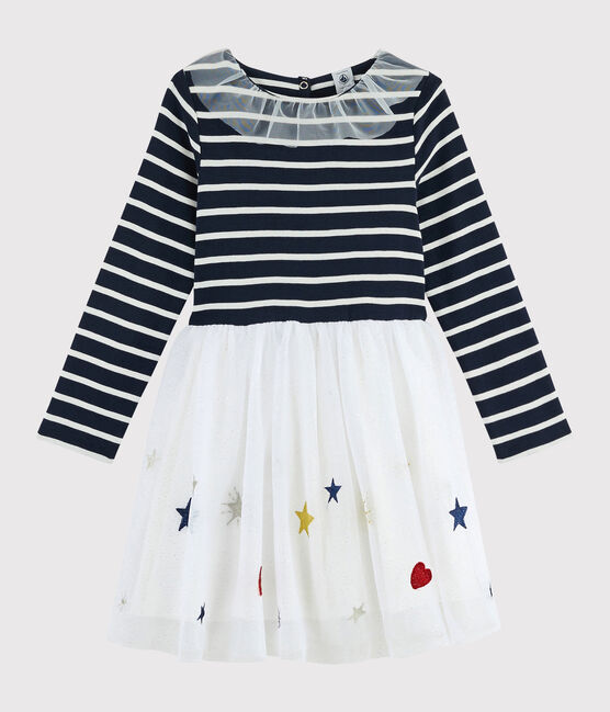 Meisjesjurk met lange mouwen kinderen blauw SMOKING/wit MULTICO