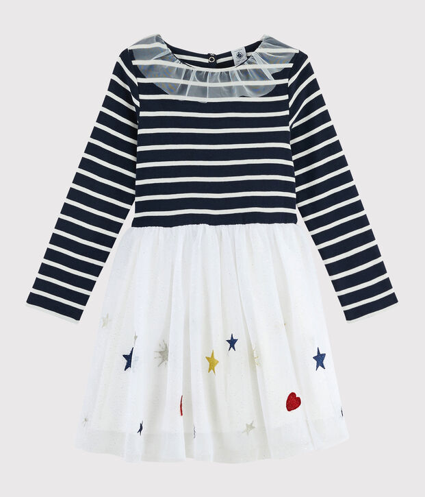 Meisjesjurk met lange mouwen kinderen blauw/multicouleur