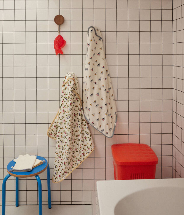 Badcape en washandje met vruchtenprint voor baby's wit/geel/multicouleur