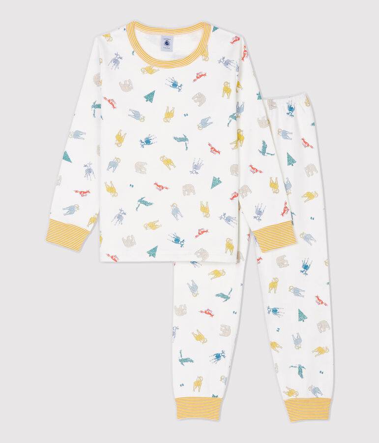 Meisjes/jongens pyjama van molton met dierenprint wit/multicouleur
