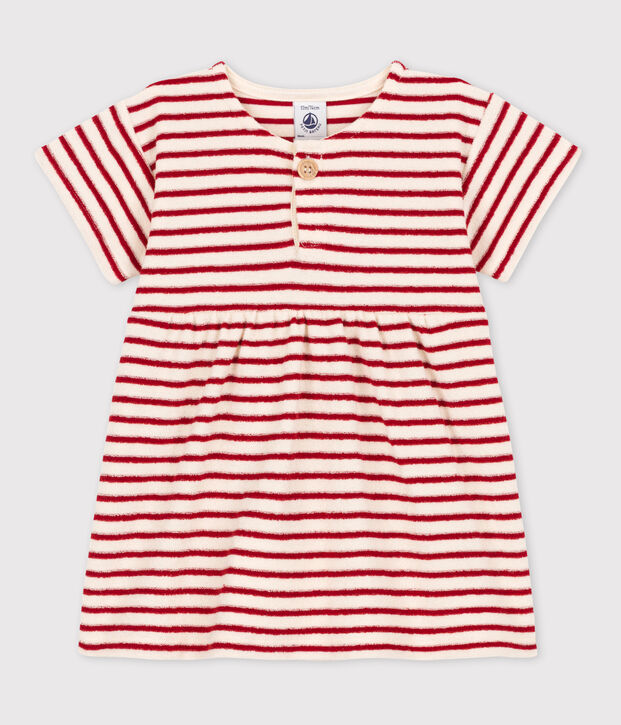 Robe manches courtes b&eacute;b&eacute; en bouclette &eacute;ponge &eacute;cru/rouge