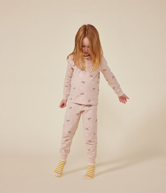 Kinderpyjama van geruwde fleece met sterren- en hartjesprint roze SALINE/wit MULTICO