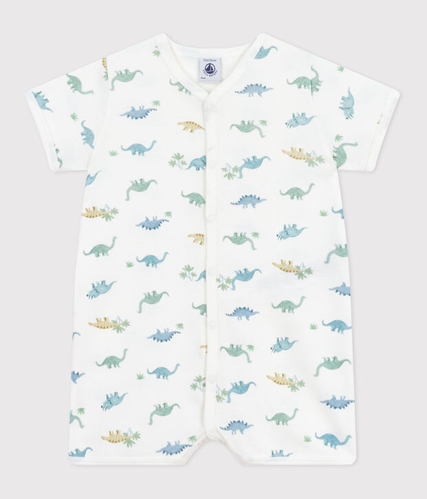 Kort katoenen kruippakje met dinosaurusprint voor baby's wit/multicouleur