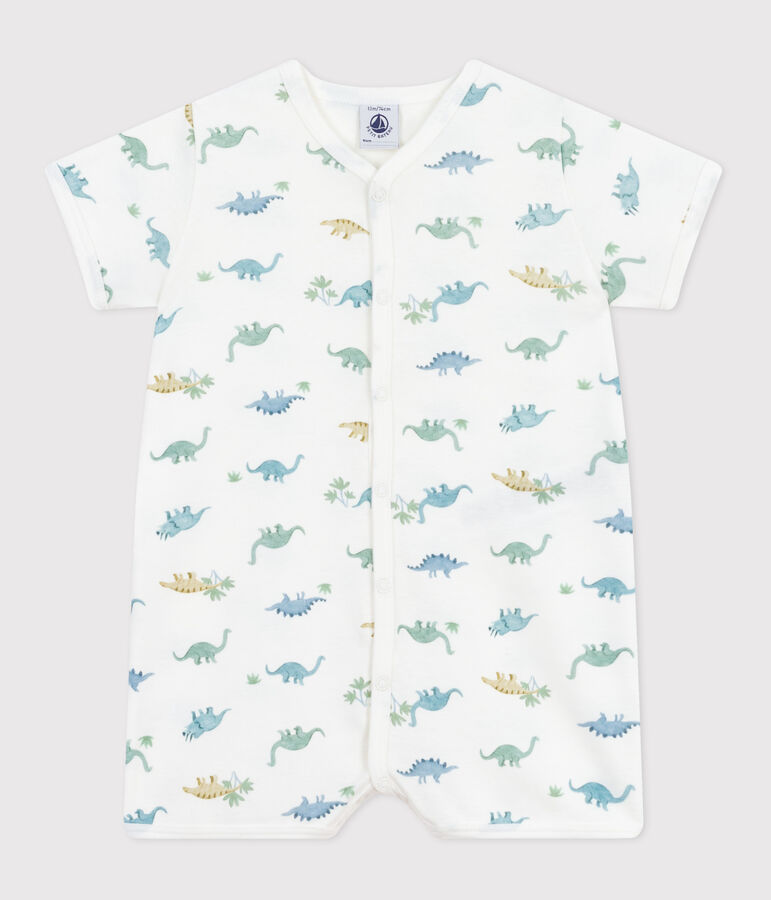 Kort katoenen kruippakje met dinosaurusprint voor baby's wit/multicouleur