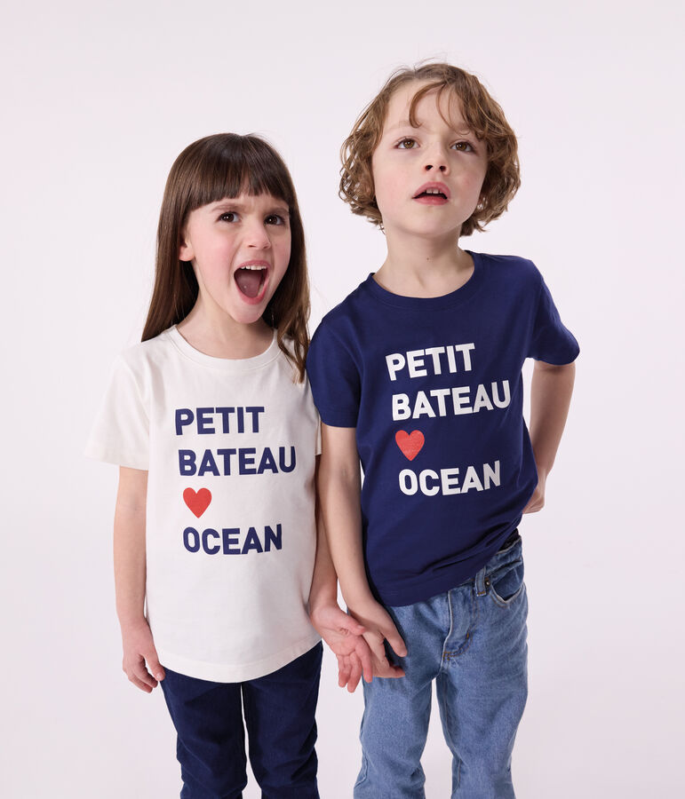 Katoenen uniseks T-shirt met korte mouwen en print voor kinderen wit MARSHMALLOW