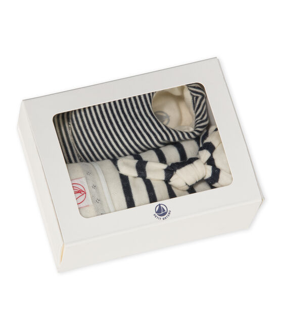 Ensemble bonnet de naissance et chaussons bébé beige COQUILLE/bleu SMOKING