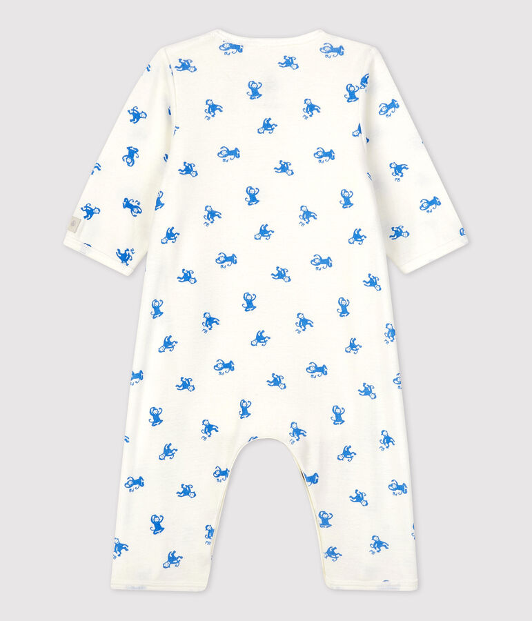 Bodyjama van biokatoen zonder voetjes wit/blauw