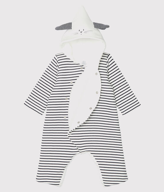 Lange gestreepte jumpsuit met capuchon voor baby's, van biologisch katoen wit MARSHMALLOW/blauw SMOKING
