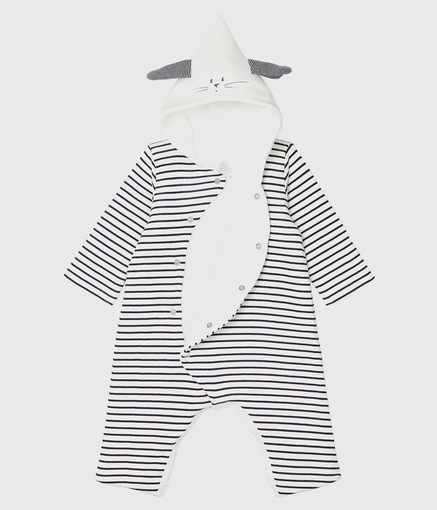 Combinaison longue ray&eacute;e &agrave; capuche b&eacute;b&eacute; en coton biologique blanc/bleu