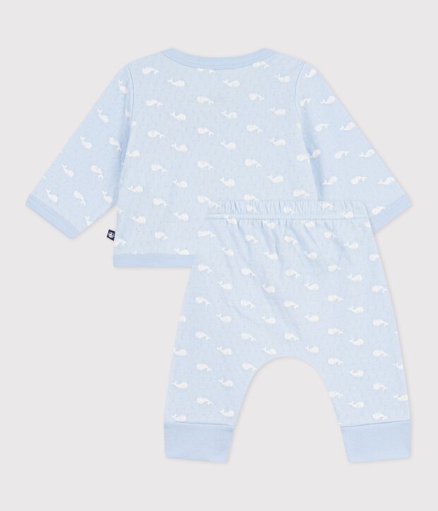 Tweedelig lang babysetje van katoen met walvisprint blauw/ecru