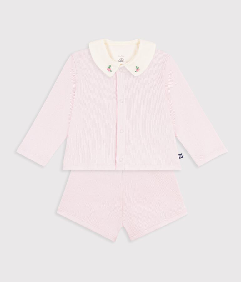 Ensemble 3 pi&egrave;ces b&eacute;b&eacute; en coton avec broderies au col rose