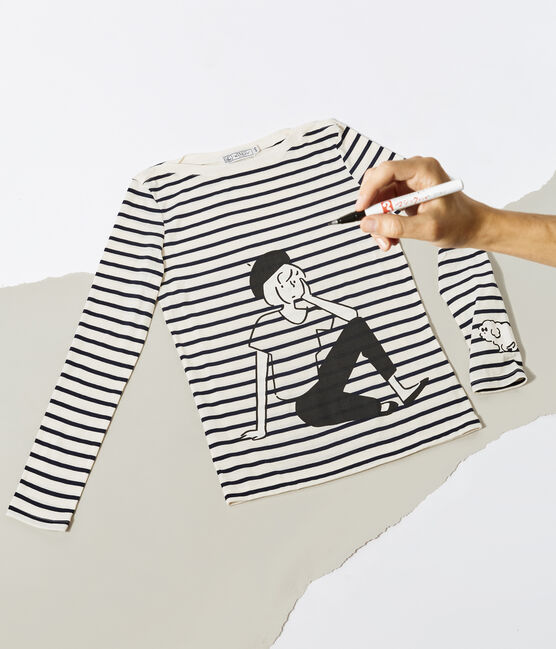 Tee shirt marinière femme beige COQUILLE/bleu SMOKING